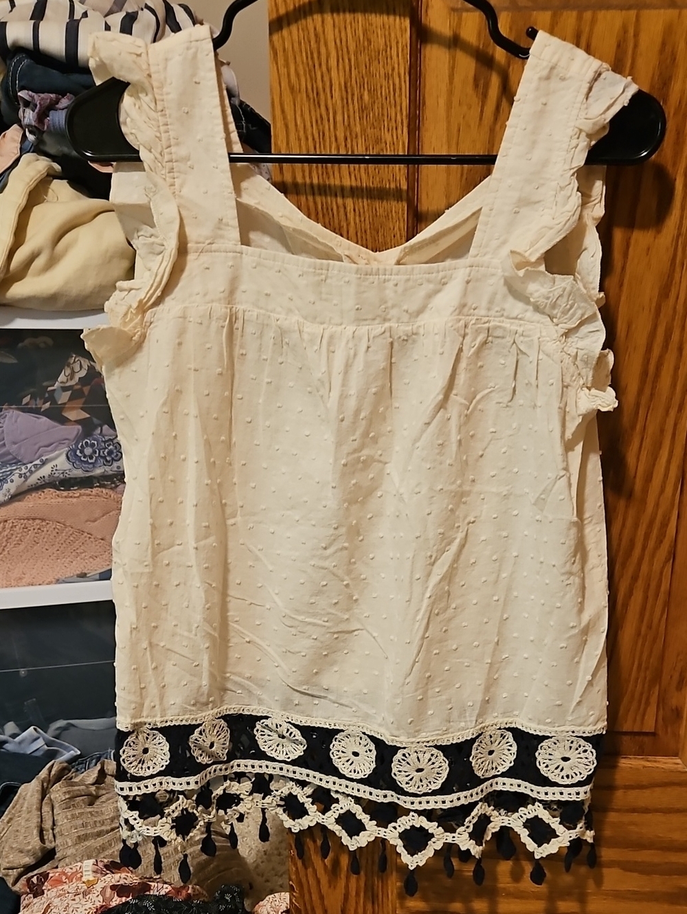 Solitaire Cream Swiss Dot Camisole with Crochet Tassel Hem